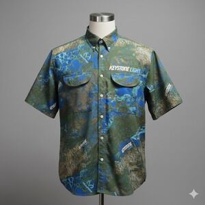 Keystone Light x Realtree Fishing Shirt Mens Large Blue Camo Button Up Vented